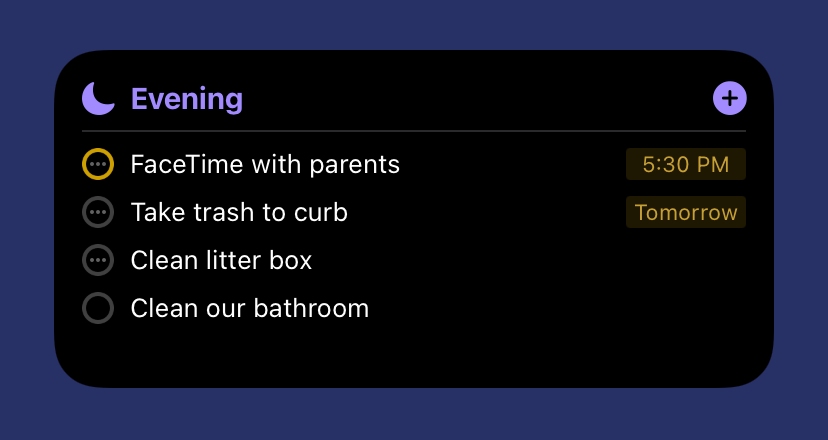 Screenshot of the medium widget showing evening tasks in dark mode
