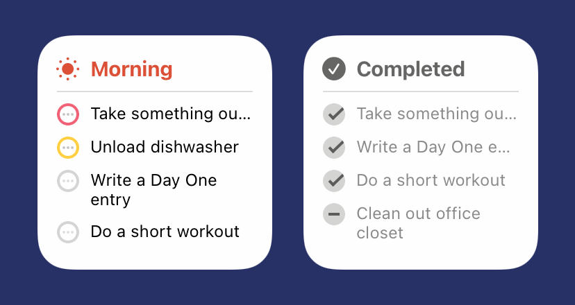Screenshot of a small widget showing morning tasks and a small widget showing completed and dropped tasks in light mode