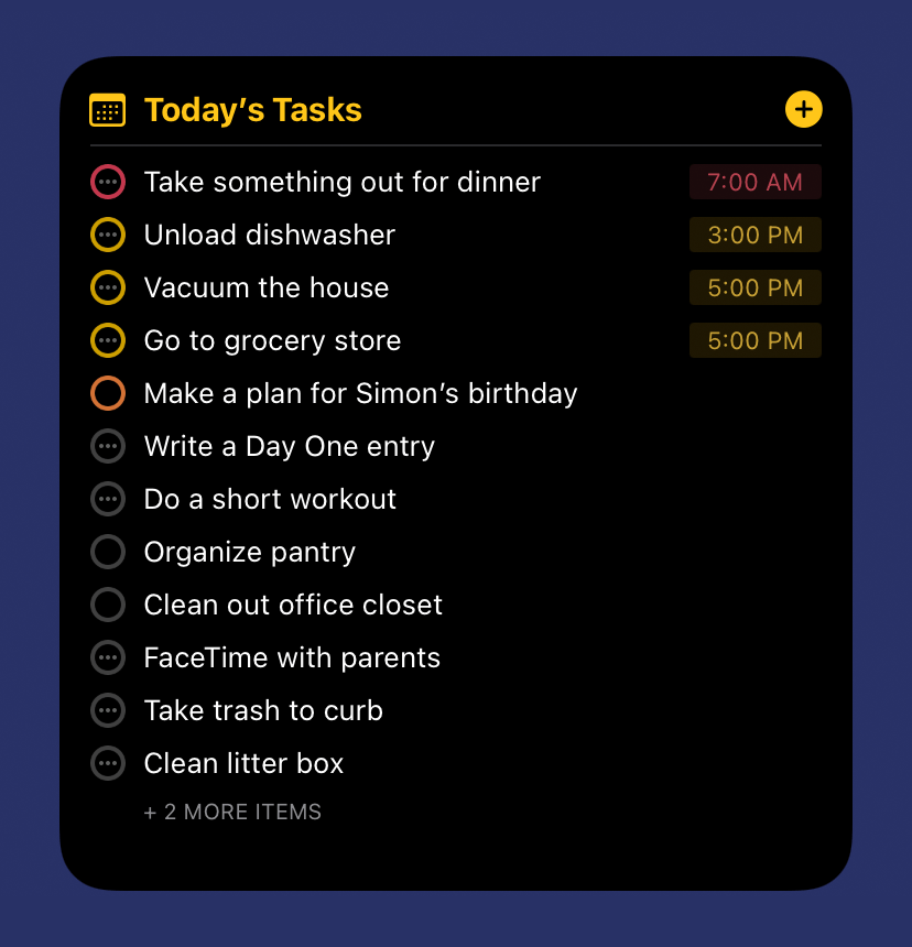 Screenshot of the large widget showing morning tasks in dark mode