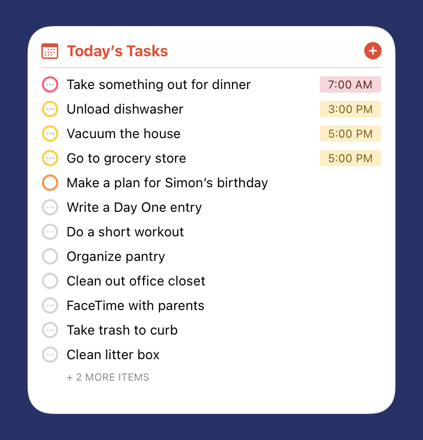 Screenshot of the large widget showing morning tasks in light mode